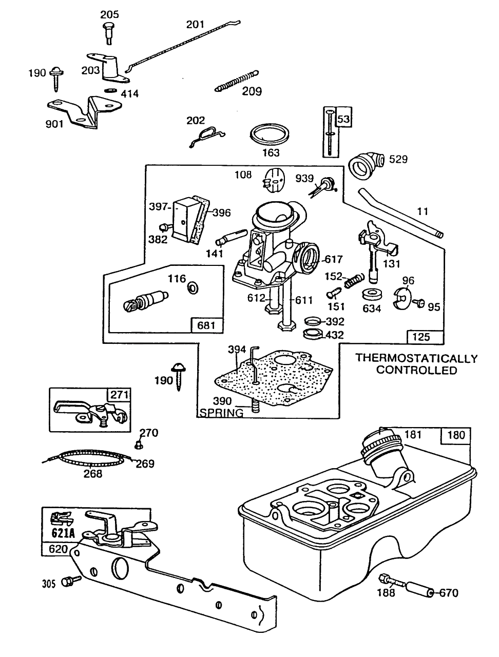Carburetor And Fuel Tank Assembly Diagram and Parts List for 114902-0111-XX  Briggs and Stratton Engine